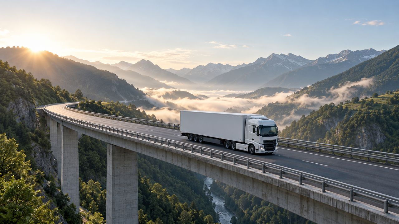 Camión cruzando un viaducto de montaña hacia Europa
